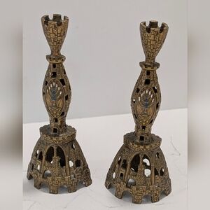 Vintage TAMAR Israel Judaica Castle Shabbat Candlesticks Pair Menorah Jerusalem